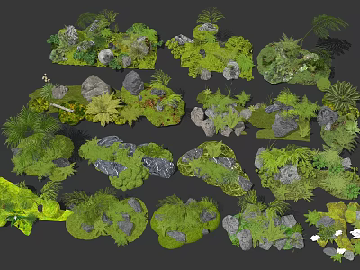 Small Garden Ornamental Pieces With Lush Green Plants Stones And Moss 3d model