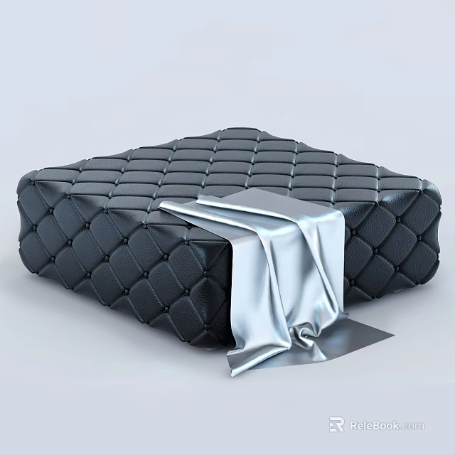 Black Leather Ottoman with Diamond Tufted Design and Silver Fabric Accent 3d model 