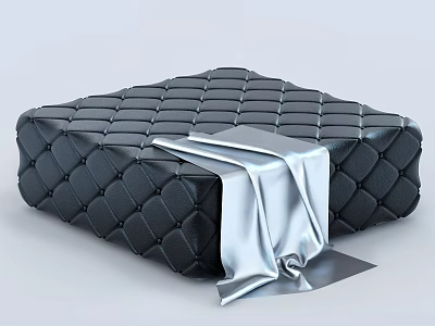 Black Leather Ottoman with Diamond Tufted Design and Silver Fabric Accent 3d model