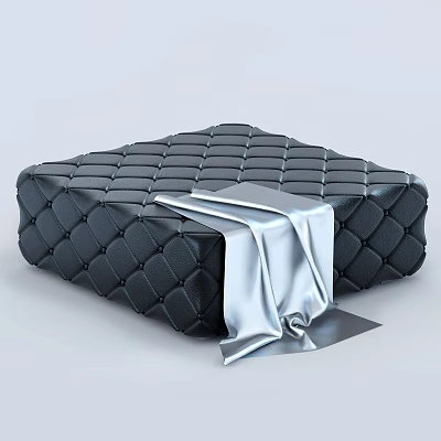 Black Leather Ottoman with Diamond Tufted Design and Silver Fabric Accent 3d model