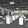 Public Office Space With Multiple Desks Computers Black Chairs Green Plants And Natural Light