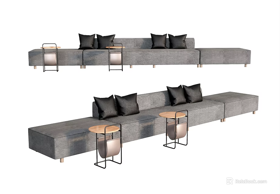 Gray Sectional Sofa With Black Pillows And Side Tables In Modern Style 3d model