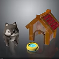 Cute Grey Puppy Toy With Wooden Dog House Red Roof Yellow Bowl And Blue Water