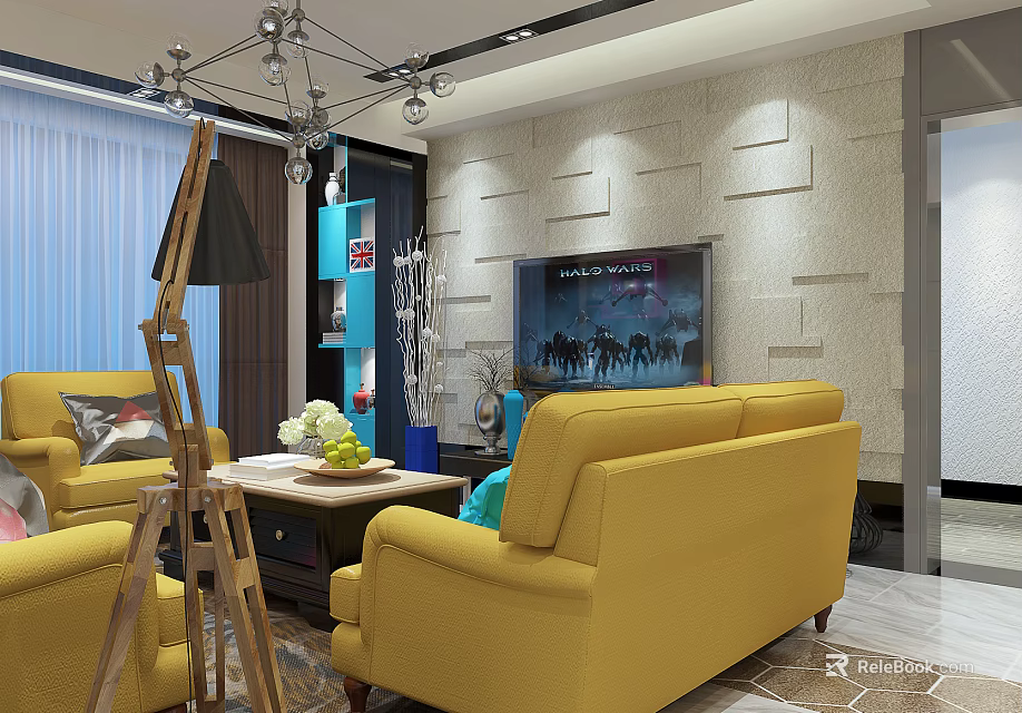 Modern Living Room Interior With Yellow Sofas Coffee Table TV Wall Design And Chandelier 3d model 
