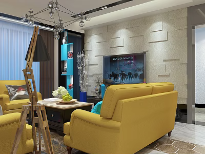 Modern Living Room Interior With Yellow Sofas Coffee Table TV Wall Design And Chandelier 3d model