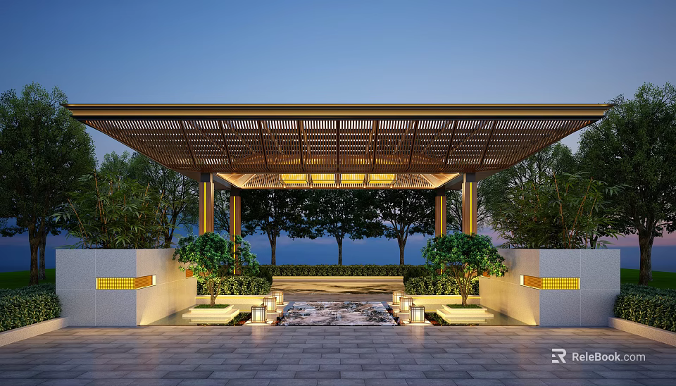 Modern Pergola With Wooden Lattice Roof Green Plants Lighting And Stone Paved Floor 3d model 
