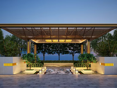 Modern Pergola With Wooden Lattice Roof Green Plants Lighting And Stone Paved Floor 3d model