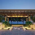 Modern Pergola With Wooden Lattice Roof Green Plants Lighting And Stone Paved Floor