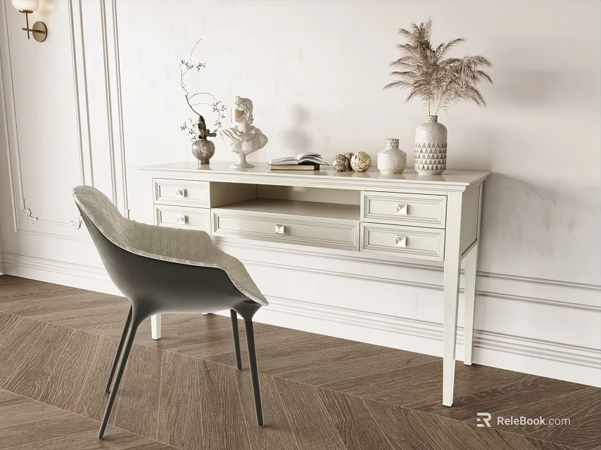 White Desk with Drawers Vases Plants Books and Gray Chair on Wooden Floor White Walls 3d model 