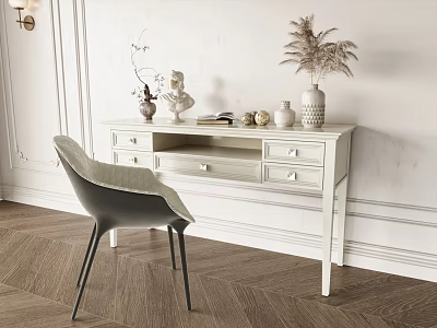 White Desk with Drawers Vases Plants Books and Gray Chair on Wooden Floor White Walls 3d model