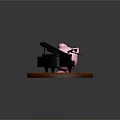 Pink Cartoon Character With Closed Eyes Leaning On Black Piano On Round Wooden Platform