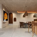 Modern Restaurant Interior With Wooden Tables Chairs Woven Pendant Lights Bar Counter Circular Wall Art