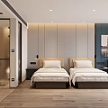 Modern Hotel Room Interior With Bed Desk Chair TV Lighting And Artwork