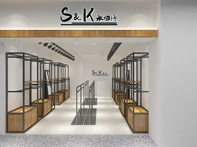 Modern S K Clothing Store Interior With Metal Frame Racks Wooden Cabinets And Spacious Walkway 3d model