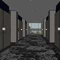 Hotel Corridor With Wooden Panels Blue Lighting Recessed Ceiling Lights Patterned Carpet And Natural Light