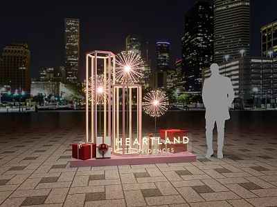 Heartland Festival Ground Display With Light Installations Gift Boxes And Night City Skyline 3d model