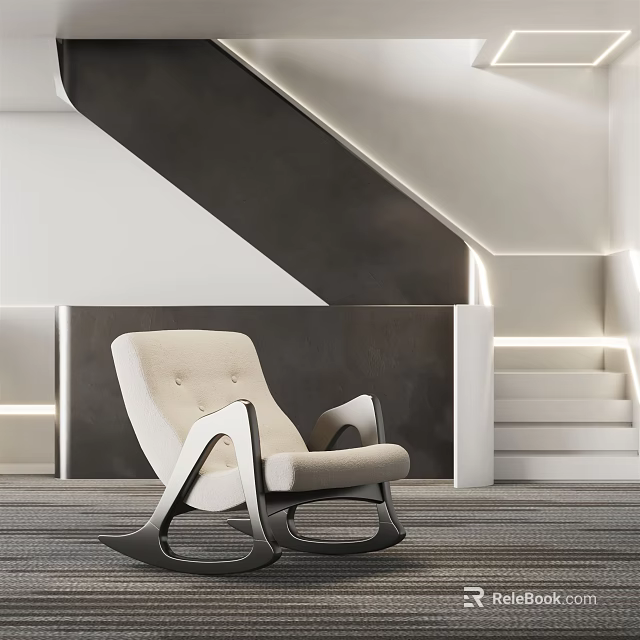 Modern Leisure Chair With Beige Upholstery In Interior Space With Staircase Lighting 3d model 