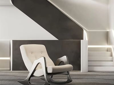 Modern Leisure Chair With Beige Upholstery In Interior Space With Staircase Lighting 3d model