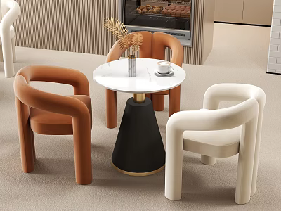 Modern Single Sofa Design In Orange And White With Curved Arms And Round Coffee Table 3d model