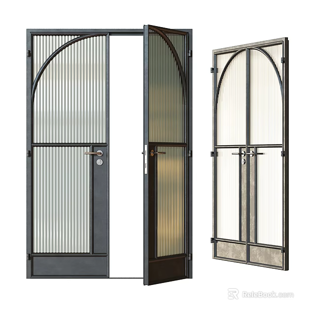 Modern Double Doors With Arched Design Metal Frame And Ribbed Glass Panels 3d model 