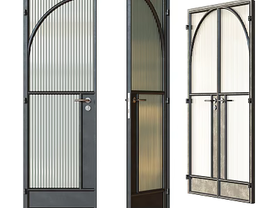Modern Double Doors With Arched Design Metal Frame And Ribbed Glass Panels 3d model