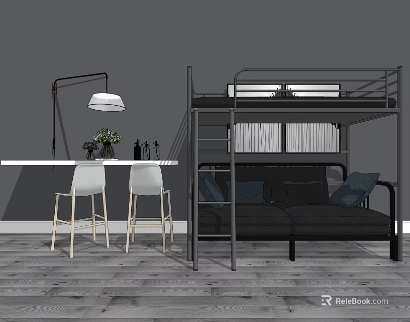 Modern Double Sofa With Bunk Bed Table White Chairs Floor Lamp Gray Wall Wooden Floor 3d model 
