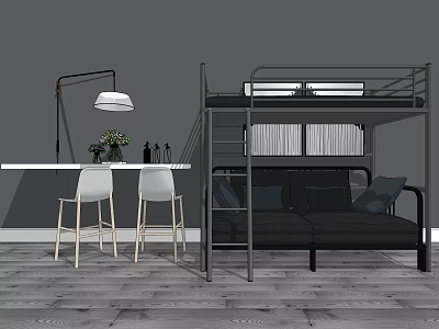 Modern Double Sofa With Bunk Bed Table White Chairs Floor Lamp Gray Wall Wooden Floor 3d model