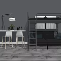 Modern Double Sofa With Bunk Bed Table White Chairs Floor Lamp Gray Wall Wooden Floor