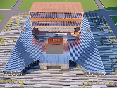 Modern Library Building With Unique Roof Design Glass Facade And Entrance Steps 3d model