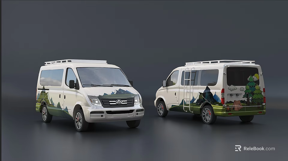 White Camper Van With Mountain Landscape Paint And Adventure Travel Design 3d model 