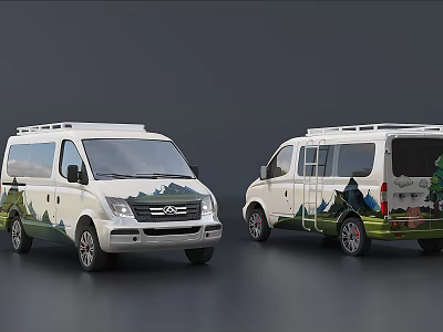 White Camper Van With Mountain Landscape Paint And Adventure Travel Design 3d model