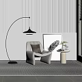 Modern White Leisure Chair With Brown Cushion Arc Floor Lamp And Striped Wall