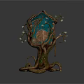Colorful Birdhouse With Red Roof Blue Body And Twisted Branches On Dark Round Platform