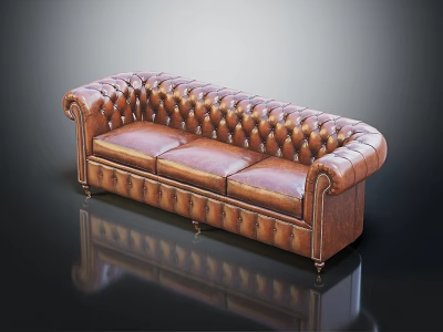 Brown Leather Three-Seater Sofa With Tufted Back Rolled Arms And Wooden Legs 3d model