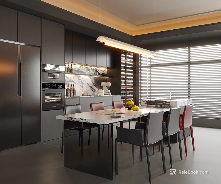 Modern Restaurant Interior Design With Dark Cabinets Marble Counter Dining Table And Chairs 3d model 