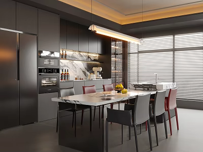Modern Restaurant Interior Design With Dark Cabinets Marble Counter Dining Table And Chairs 3d model