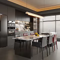 Modern Restaurant Interior Design With Dark Cabinets Marble Counter Dining Table And Chairs