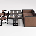 Modern Dining Table Set With Marble Tabletop Brown Chairs And Bench 3d model