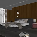 Modern Bedroom Interior Design With Dark Bed Pillows Wooden Paneled Wall And Area Rug