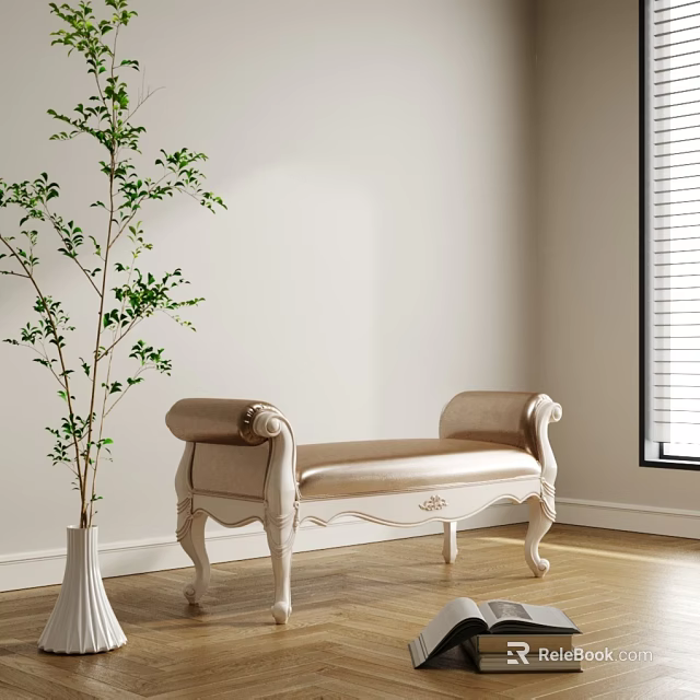 Elegant Beige Upholstered Bench With Carved Wooden Frame Green Plant In White Vase 3d model 