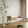 Elegant Beige Upholstered Bench With Carved Wooden Frame Green Plant In White Vase