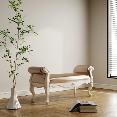 Elegant Beige Upholstered Bench With Carved Wooden Frame Green Plant In White Vase 3d model
