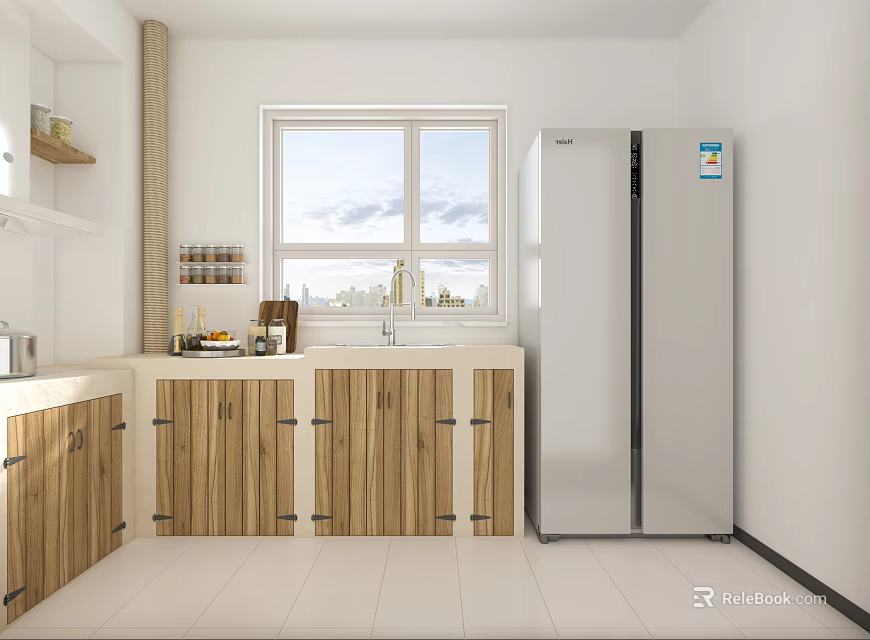 Bright Kitchen Interior With White Walls Wooden Cabinets Stainless Steel Refrigerator And Window 3d model 