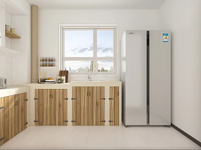 Bright Kitchen Interior With White Walls Wooden Cabinets Stainless Steel Refrigerator And Window 3d model
