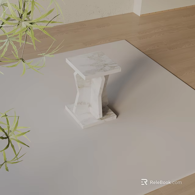 Modern White Marble Side Table On Light Carpet With Green Plant Accent 3d model
