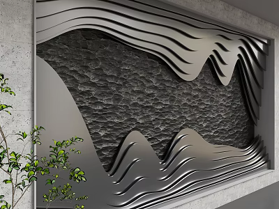 Modern Accent Wall With Wavy Gray Metal Frame And Dark Stone Texture Near Green Plants 3d model