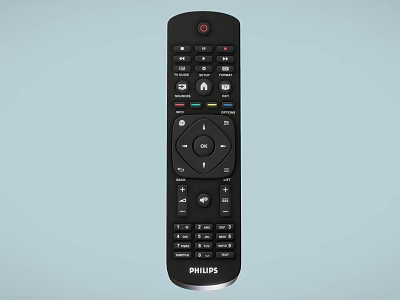 Philips TV Remote Control With Black Design And Multiple Function Buttons 3d model