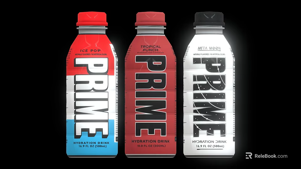 Prime Hydration Drink Variety With Ice Pop Tropical Punch And Meta Moon Flavors 3d model 