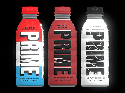 Prime Hydration Drink Variety With Ice Pop Tropical Punch And Meta Moon Flavors 3d model