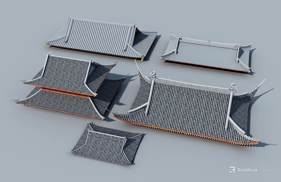 Traditional Chinese Architectural Roof Components With Multiple Tile Styles And Eave Details 3d model 